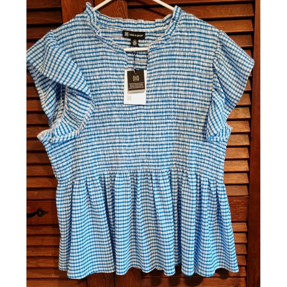NWT Cable and Gauge Blue & White Check Flutter Sleeve Pullover Top Blouse Sz 1X